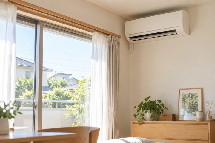 明るい部屋の壁に付いた家庭用エアコン