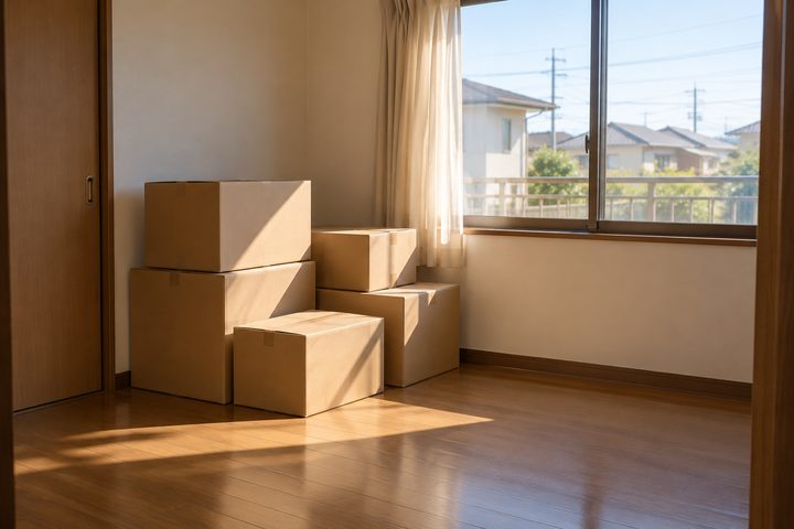 段ボール箱を積んだ、引越し前の部屋