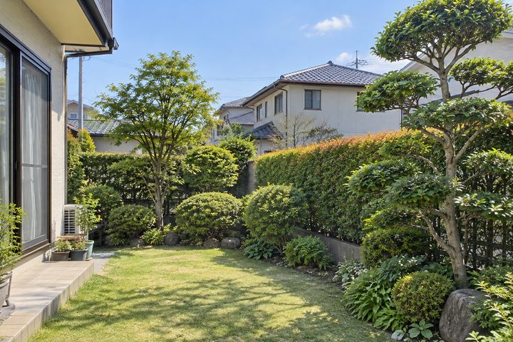 形をきれいに整えた庭木と生け垣
